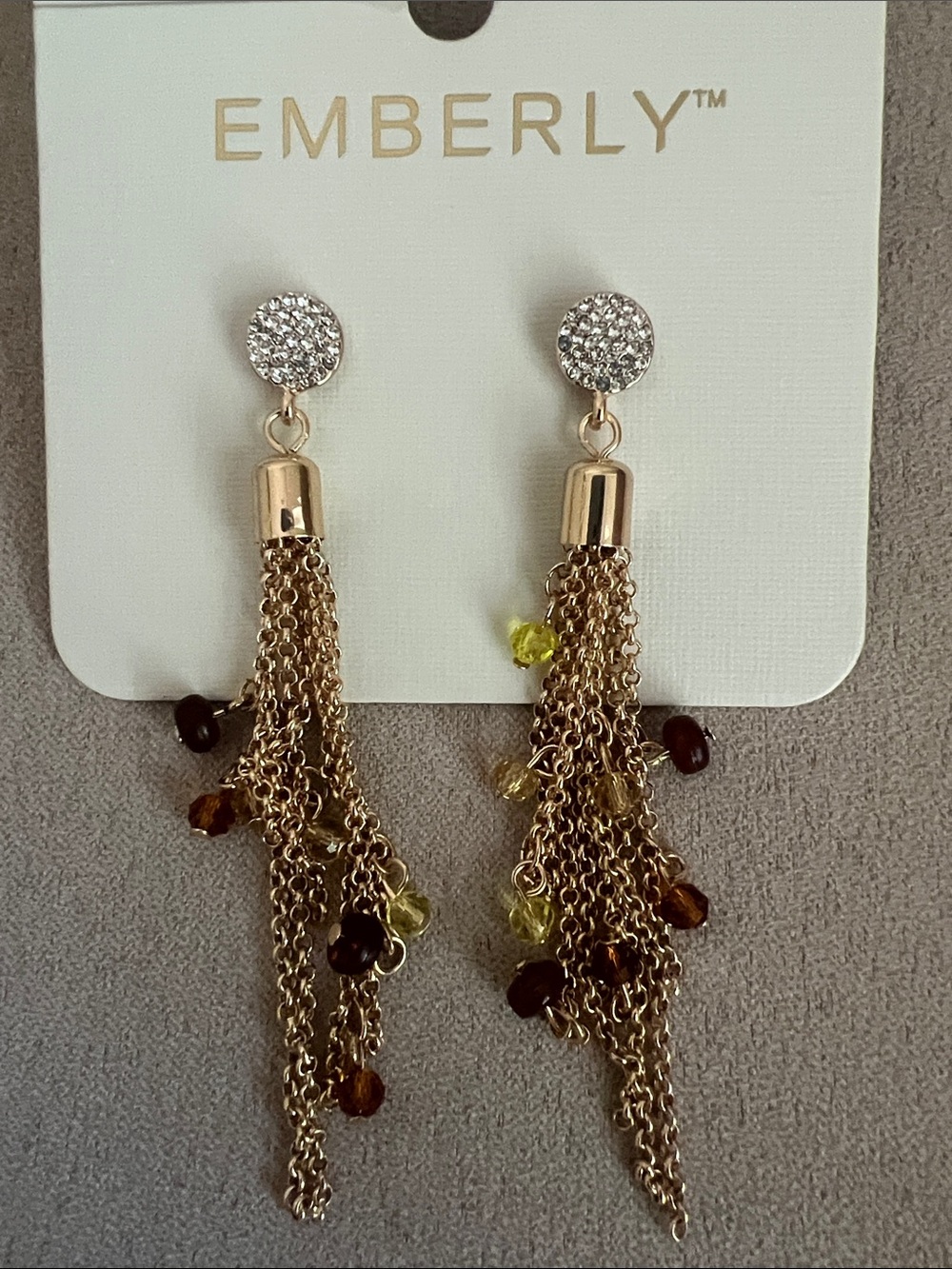 NWT Emberly Gold Tassel Drop Earrings with Brown and Yellow Beads